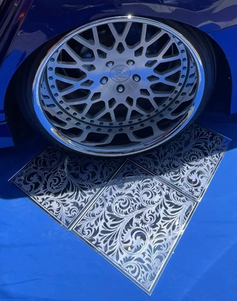 Custom Chrome Mirror Car Show Display Floor Pieces For Wheels